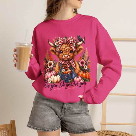Highland Cow Floral Sweatshirt - "Be You, Do You, For You" Cozy Crewneck