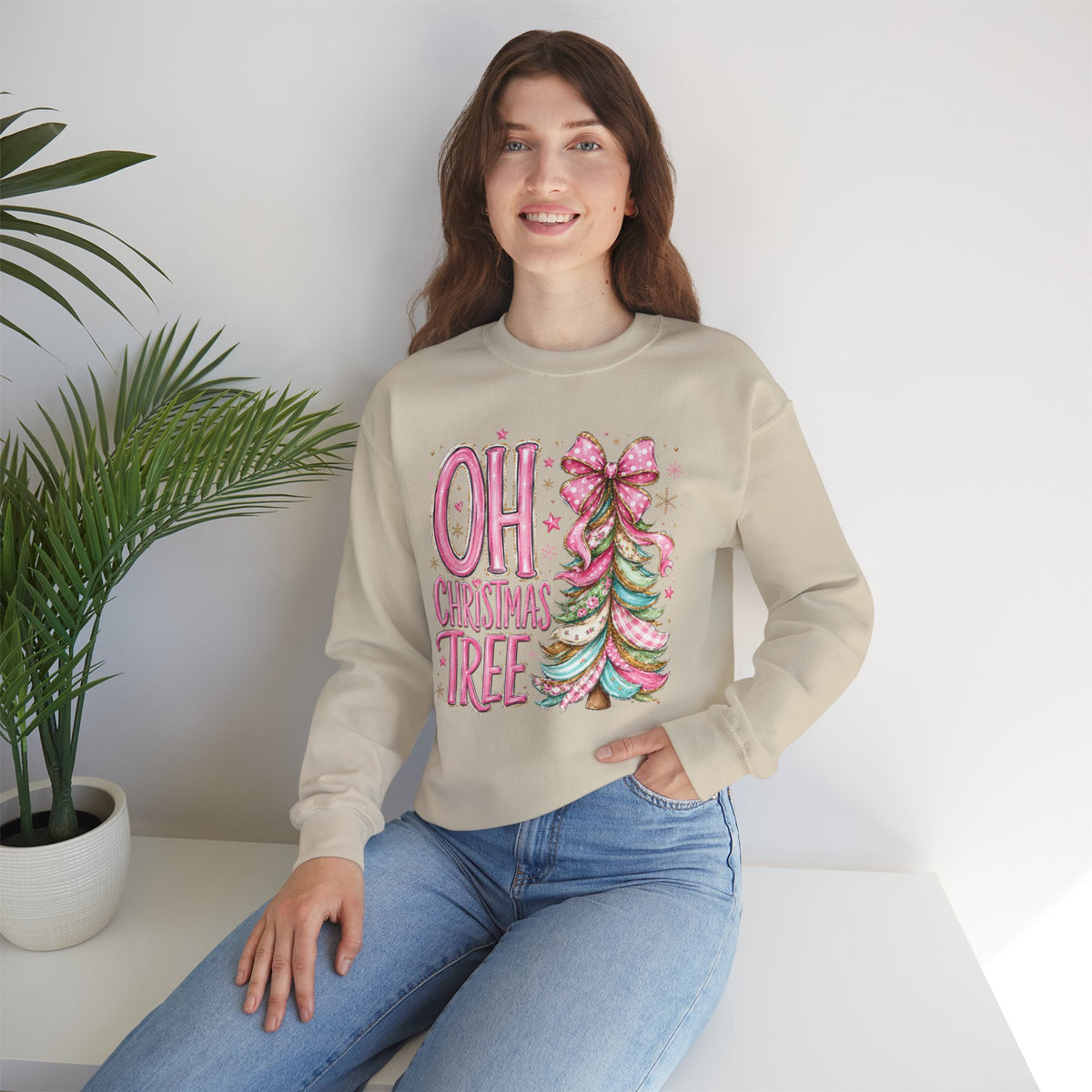 Oh Christmas Tree Sweatshirt | Pink Bow Christmas Crewneck for Women | Girly Holiday Graphic Sweatshirt