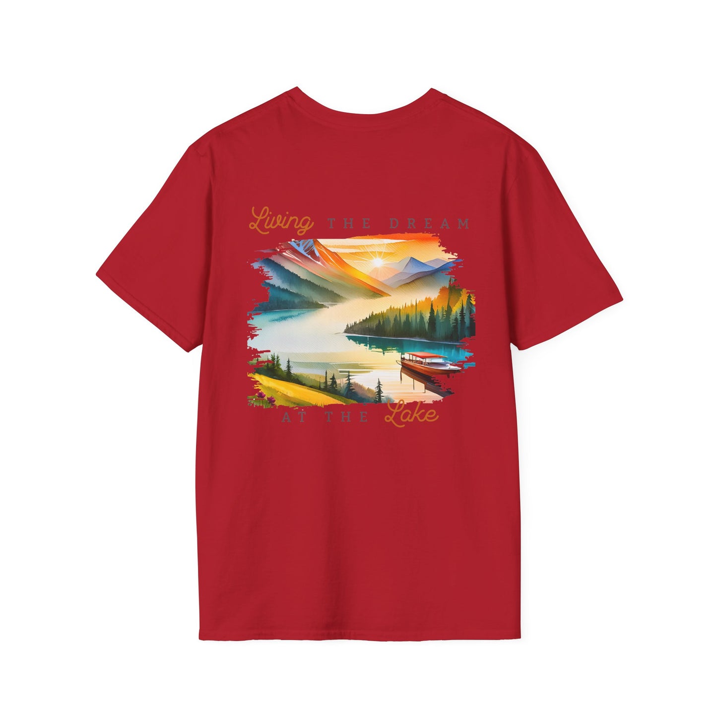 Lake Life T-Shirt — "Living the Dream at the Lake" Boat & Mountain Scene