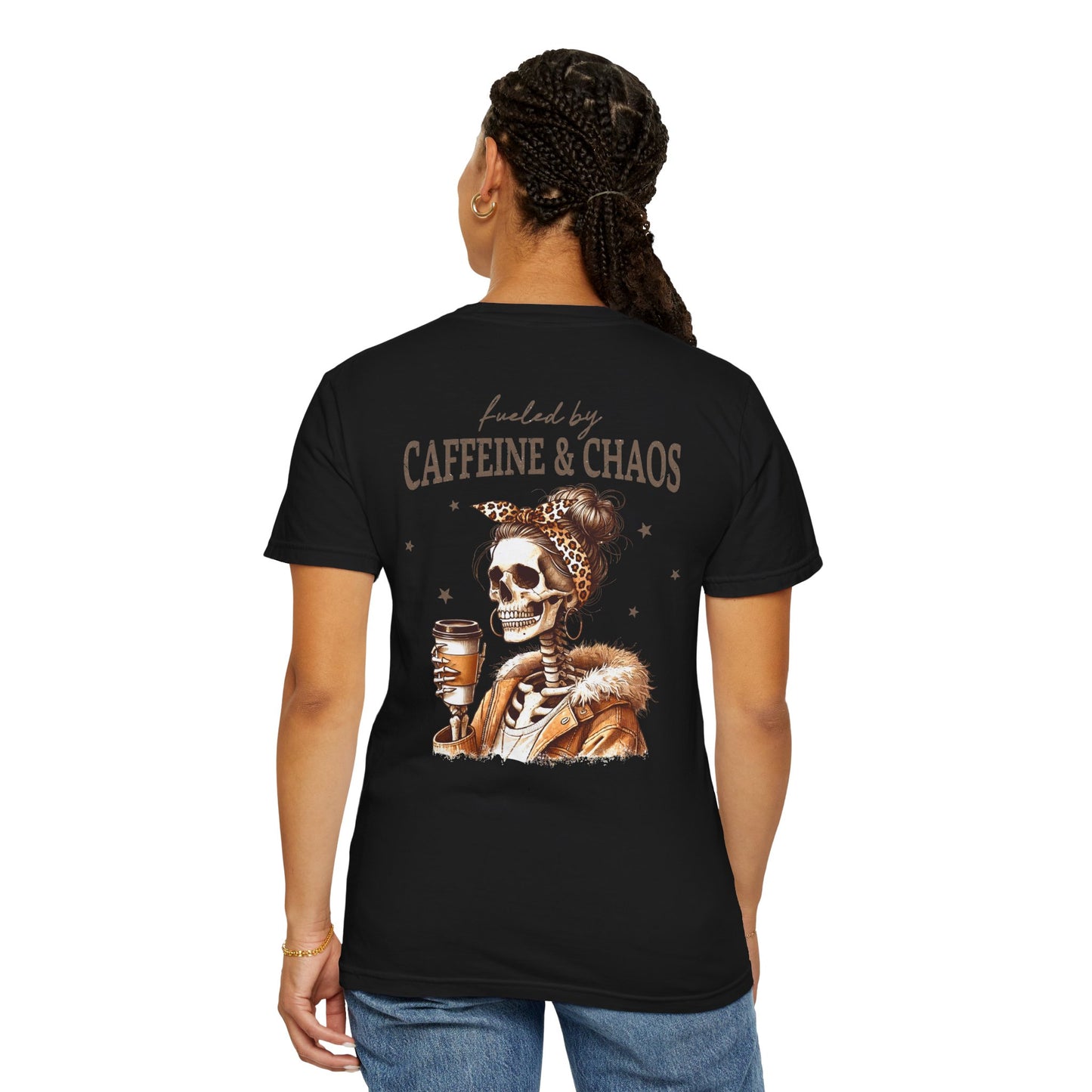 Caffeine & Chaos Skull Tee — Coffee Lover Skeleton Graphic T-Shirt