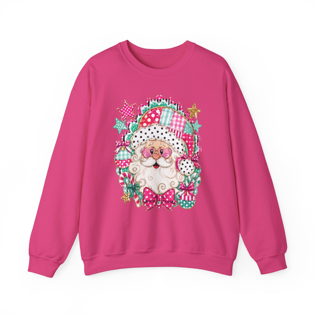 Pink Patchwork Santa Sweatshirt — Cute Christmas Crewneck for Women & Kids