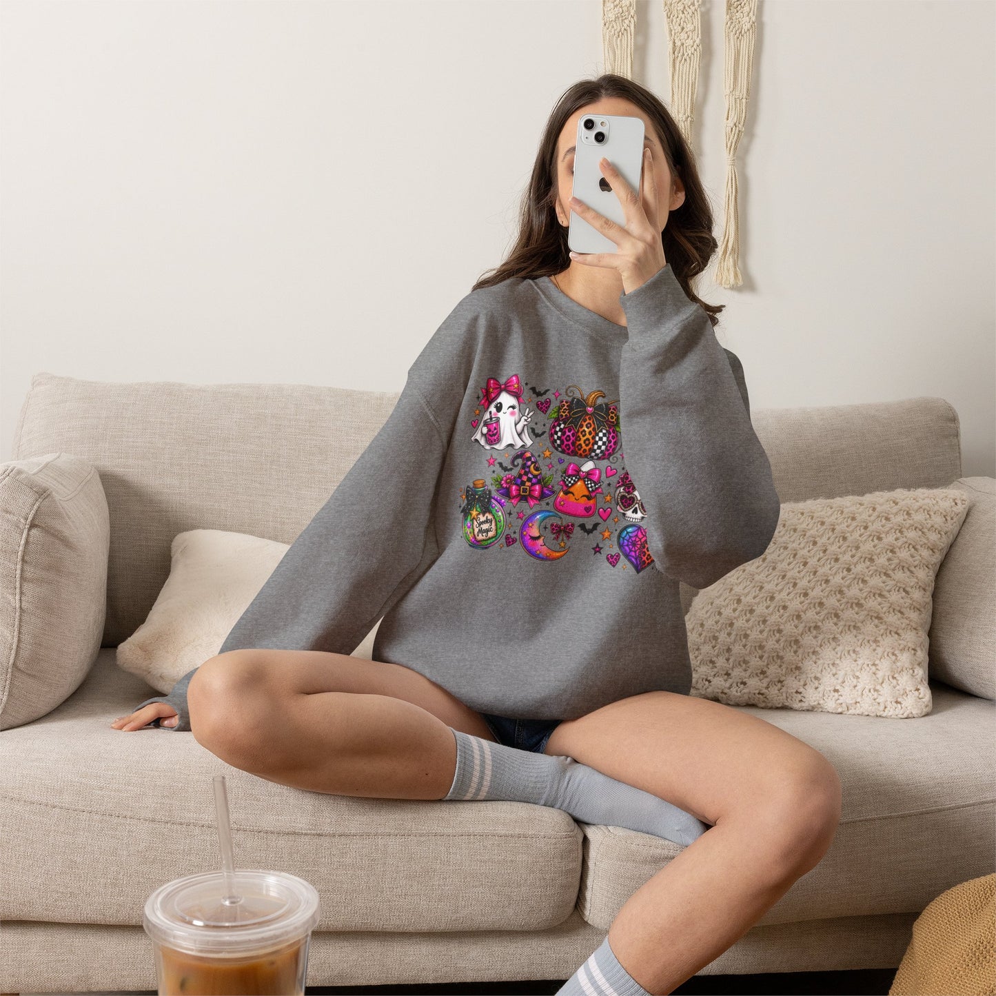 Halloween Cat & Pumpkin Crewneck Sweatshirt — Colorful Spooky Cute Design