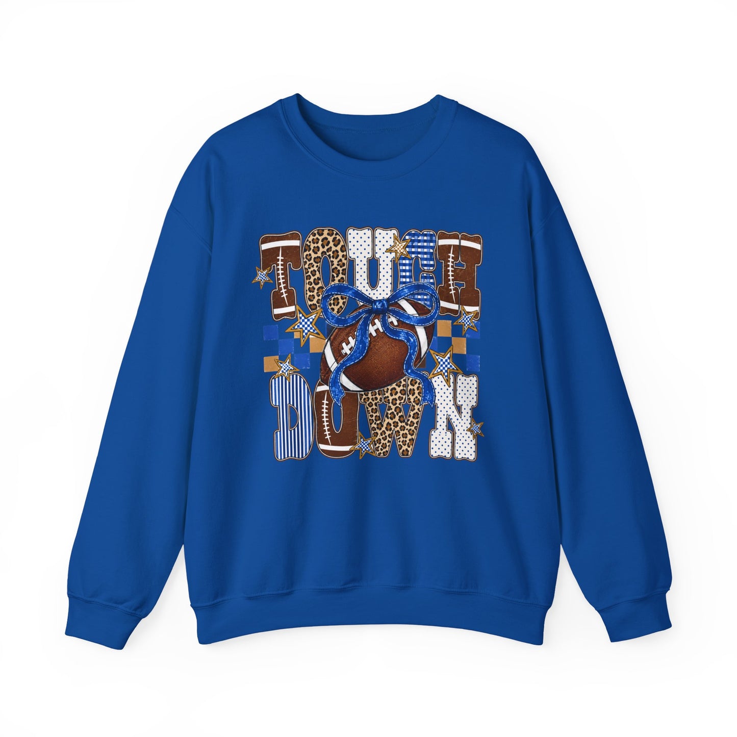Touchdown Football Crewneck Sweatshirt — Blue & Leopard Print Game Day Pullover