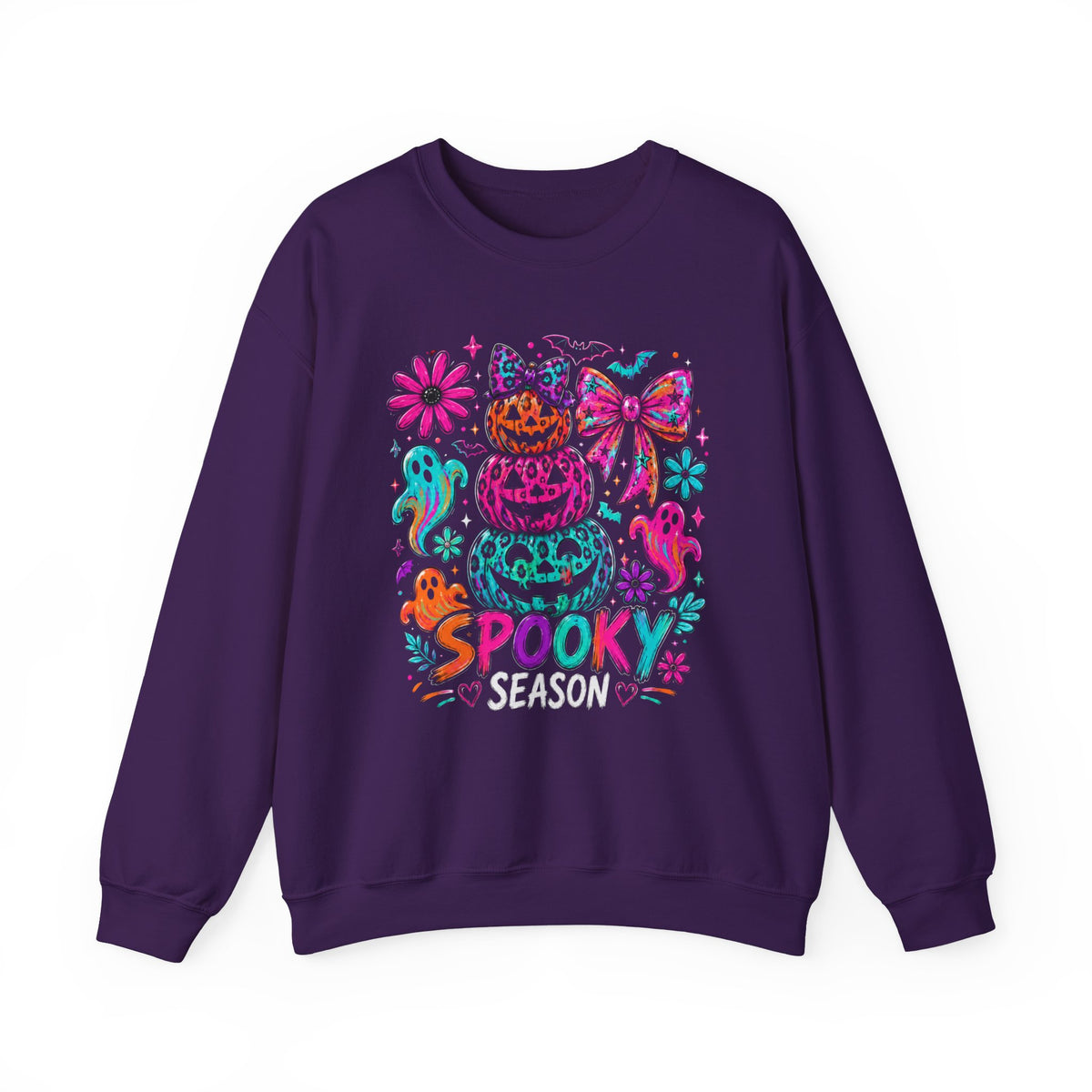 Spooky Season Sweatshirt — Colorful Neon Halloween Pumpkin & Ghost Crewneck