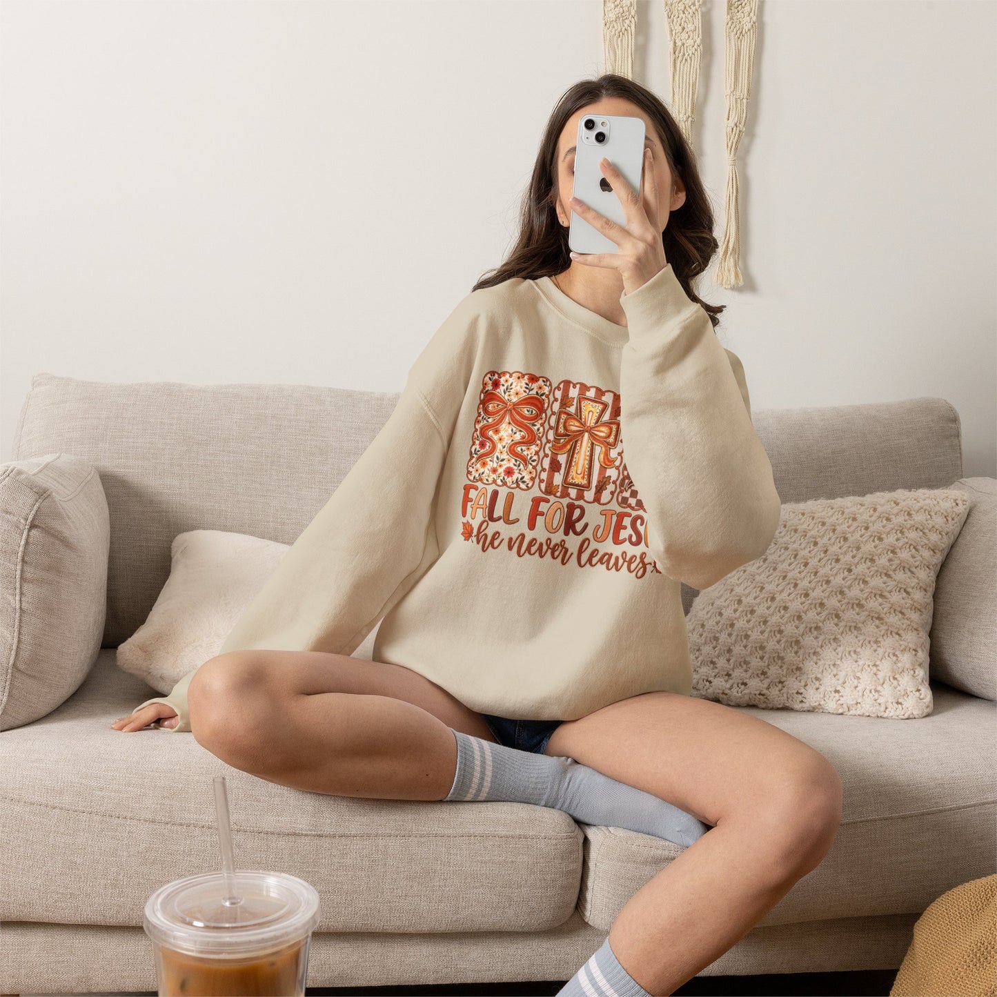 Crewneck Sweatshirt — Fall For Jesus Graphic, Autumn Leaves Faith Sweatshirt