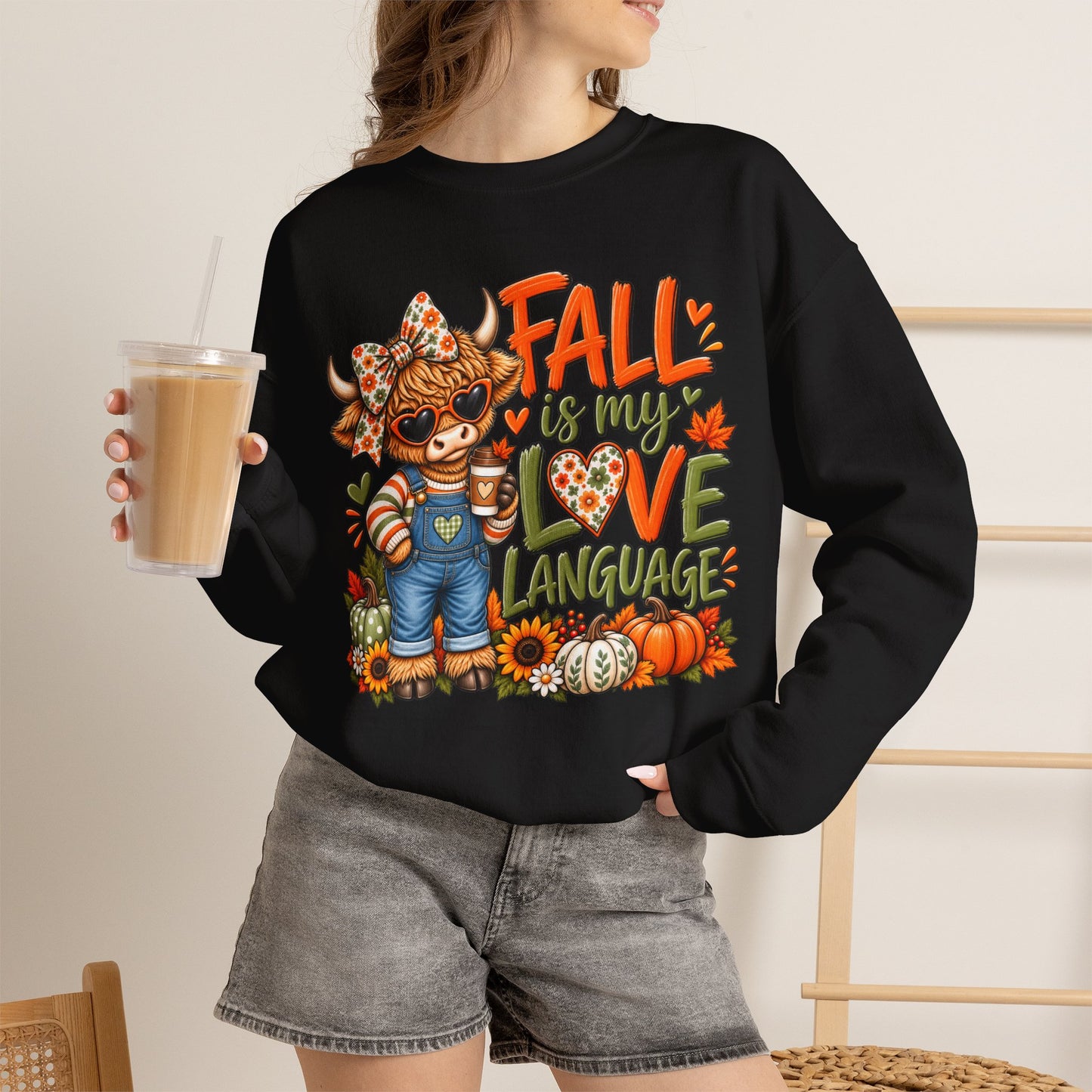 Fall Is My Love Language Sweatshirt — Cute Autumn Cow Graphic Crewneck