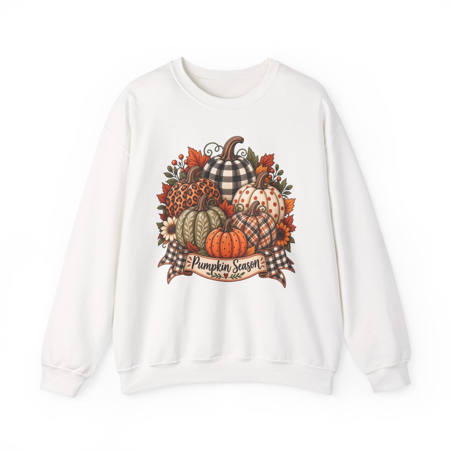 Pumpkin Season Fall Sweatshirt — Plaid & Floral Autumn Pumpkins Crewneck