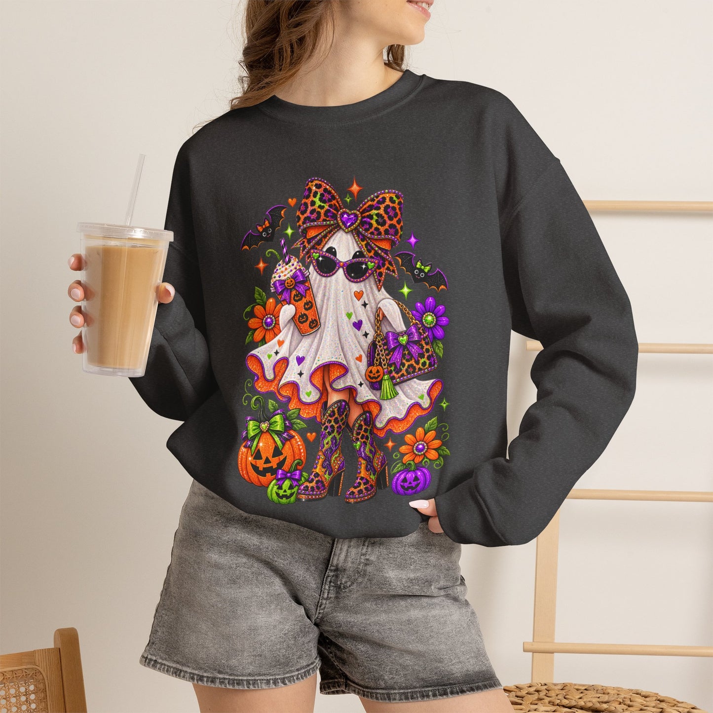 Halloween Ghost Cat Crewneck Sweatshirt — Cute Spooky Pumpkin & Bat Graphic