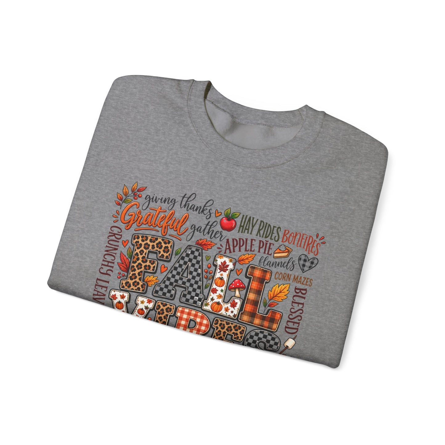 Fall Vibes Crewneck Sweatshirt — Autumn Leaves, Pumpkins & Cozy Plaid Design