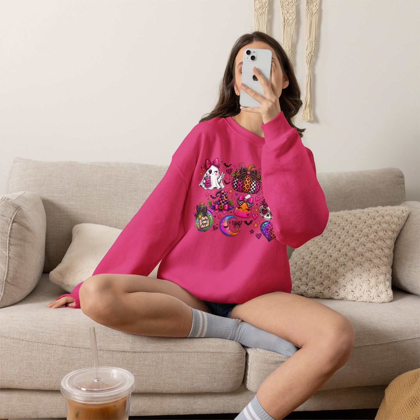 Halloween Cat & Pumpkin Crewneck Sweatshirt — Colorful Spooky Cute Design