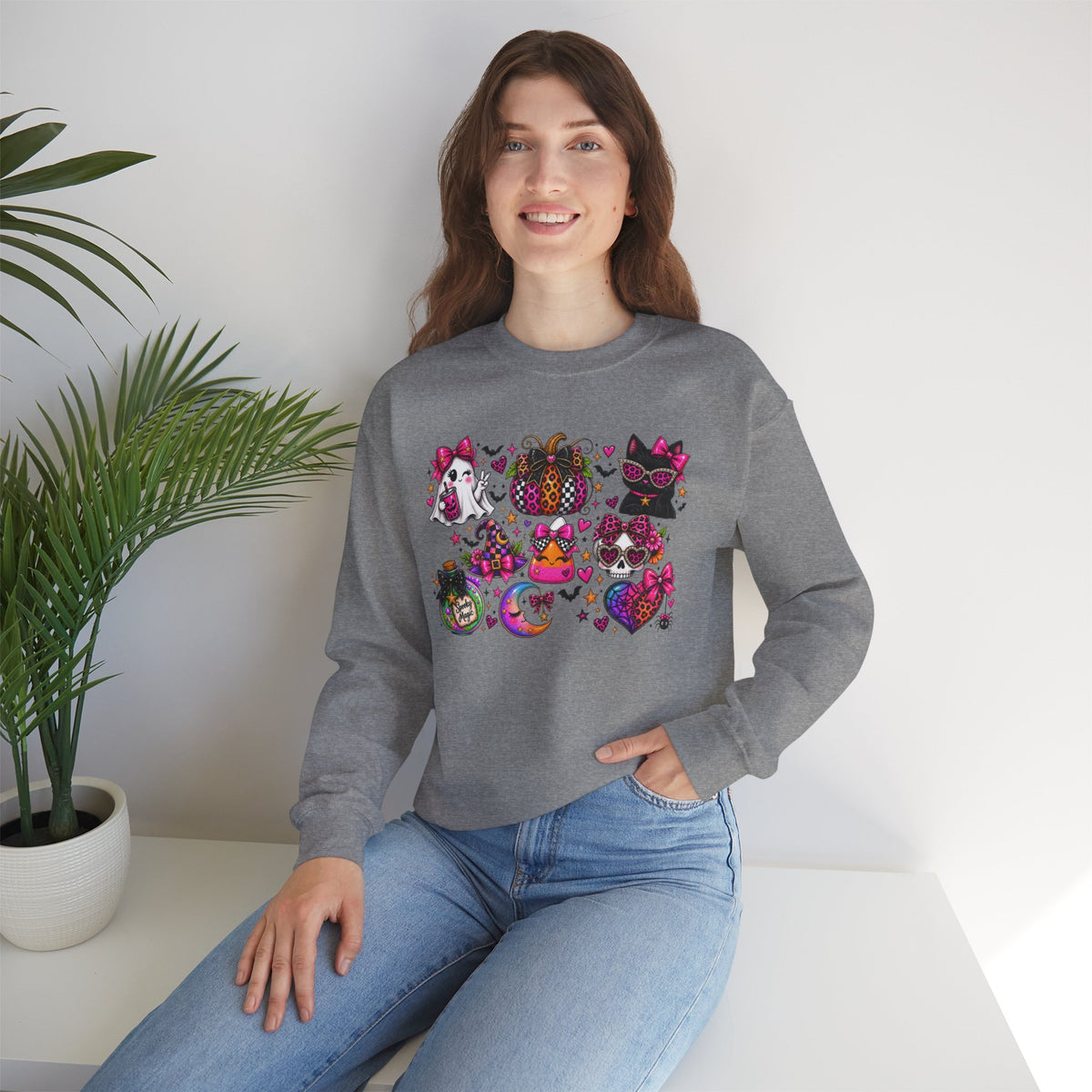 Halloween Cat & Pumpkin Crewneck Sweatshirt — Colorful Spooky Cute Design
