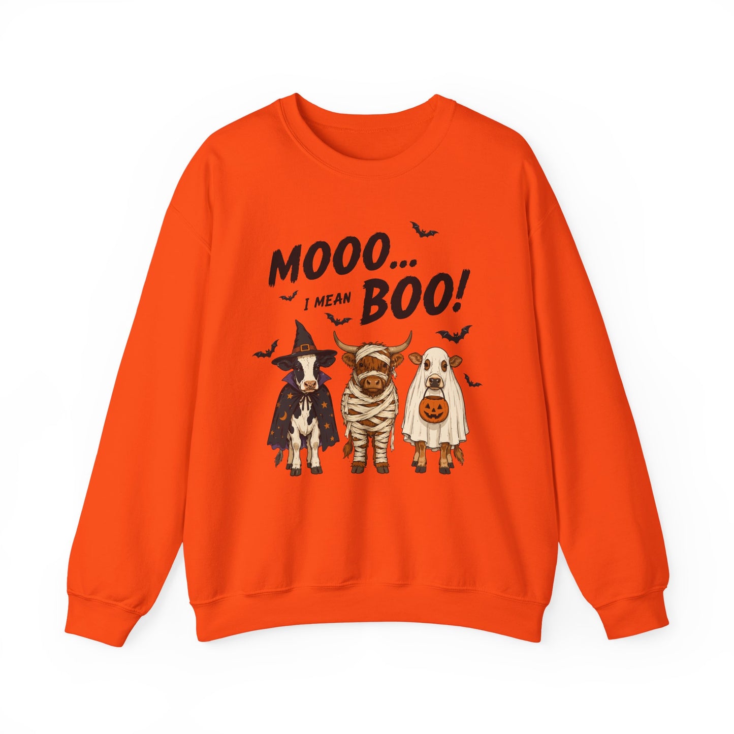 Halloween Cow Crewneck Sweatshirt — "Mooo... I Mean Boo!" Cute Farm Animals Costume Pullover