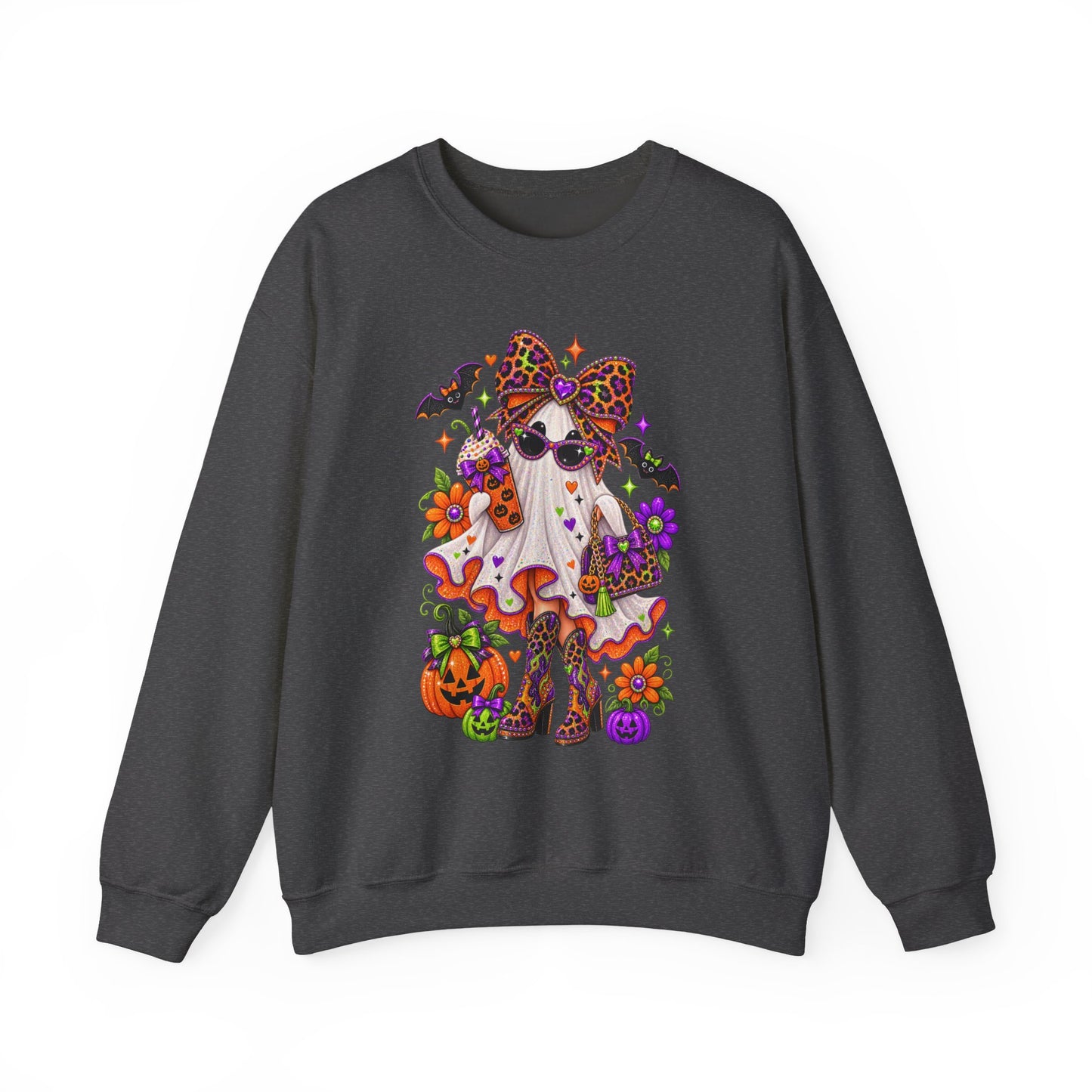 Halloween Ghost Cat Crewneck Sweatshirt — Cute Spooky Pumpkin & Bat Graphic