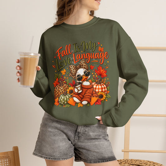 Fall Is My Love Language Duck Sweatshirt — Cute Autumn Duck & Pumpkins Crewneck