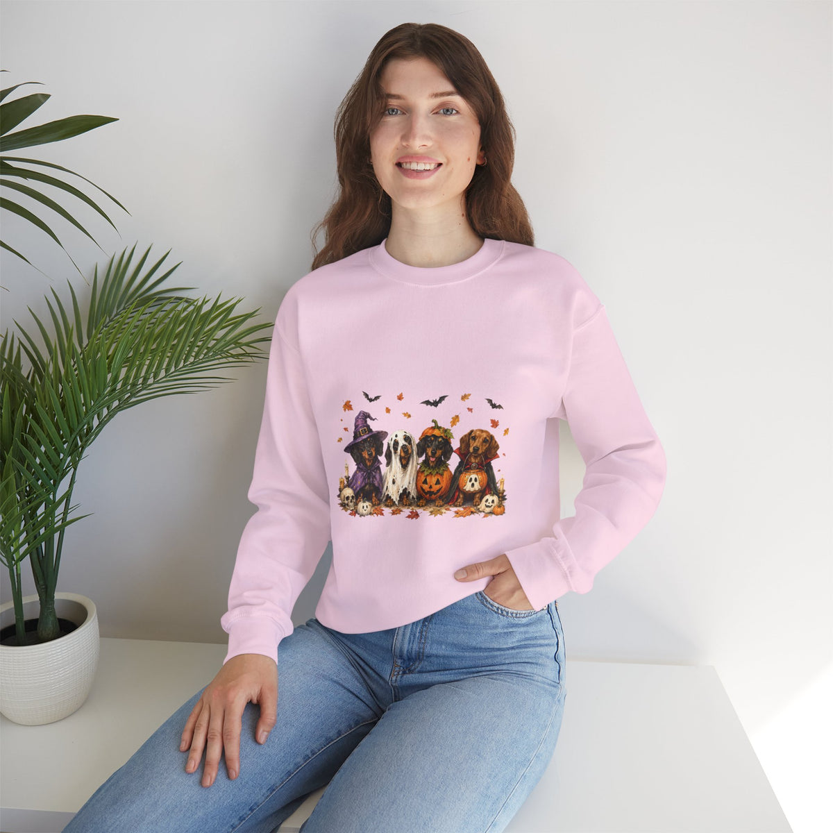 Halloween Dogs Crewneck Sweatshirt — Cute Pups in Witch Hats & Jack‑o’‑Lanterns