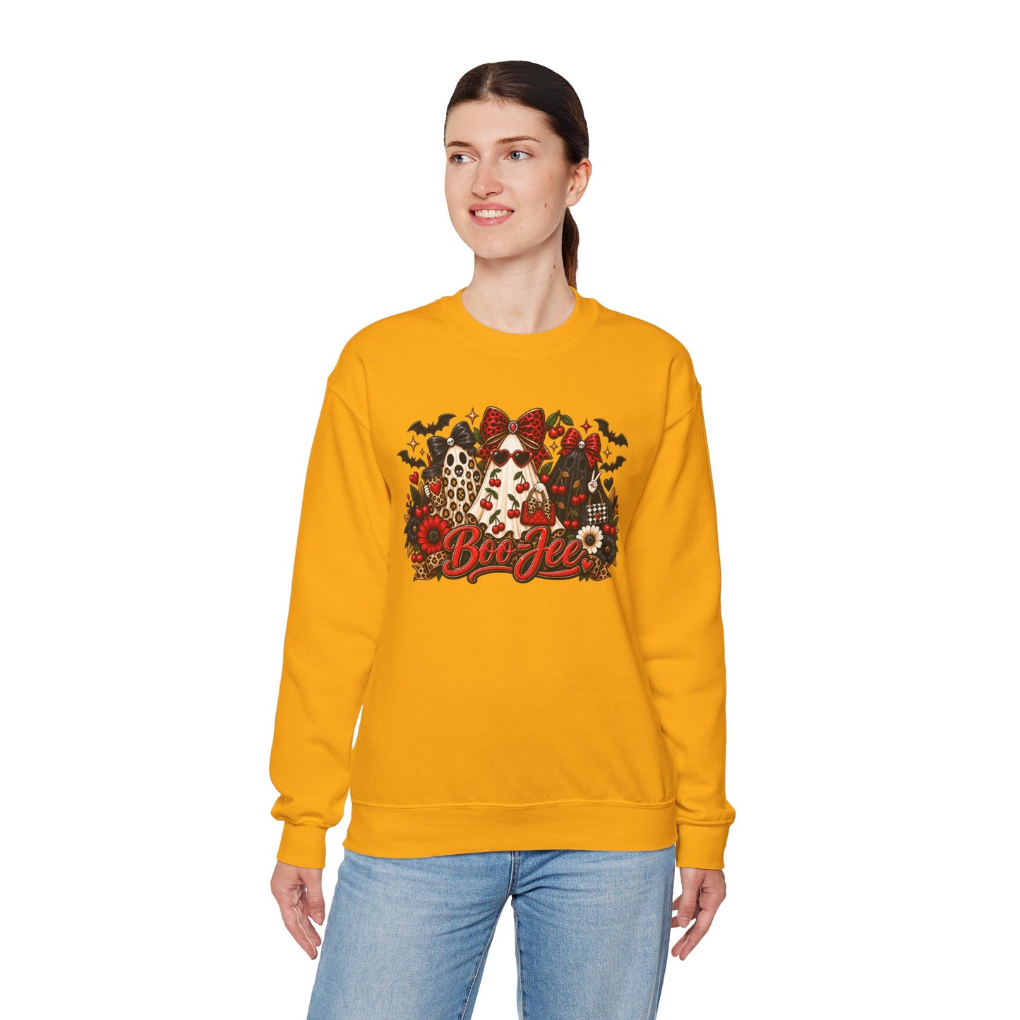 Halloween Boo Crewneck Sweatshirt — Cute Ghosts, Bats & Plaid Pumpkin Design