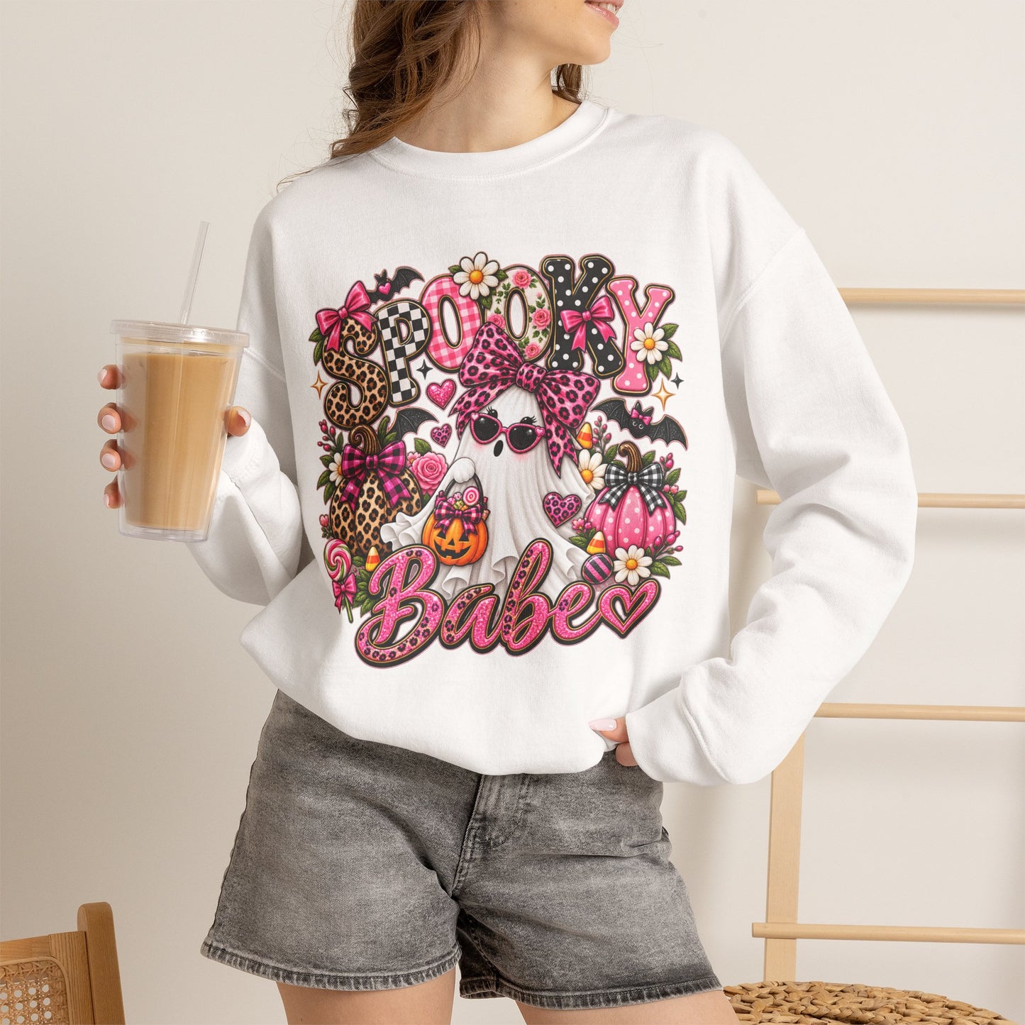 Crewneck Sweatshirt — 'Spooky Babe' Cute Halloween Ghost Graphic