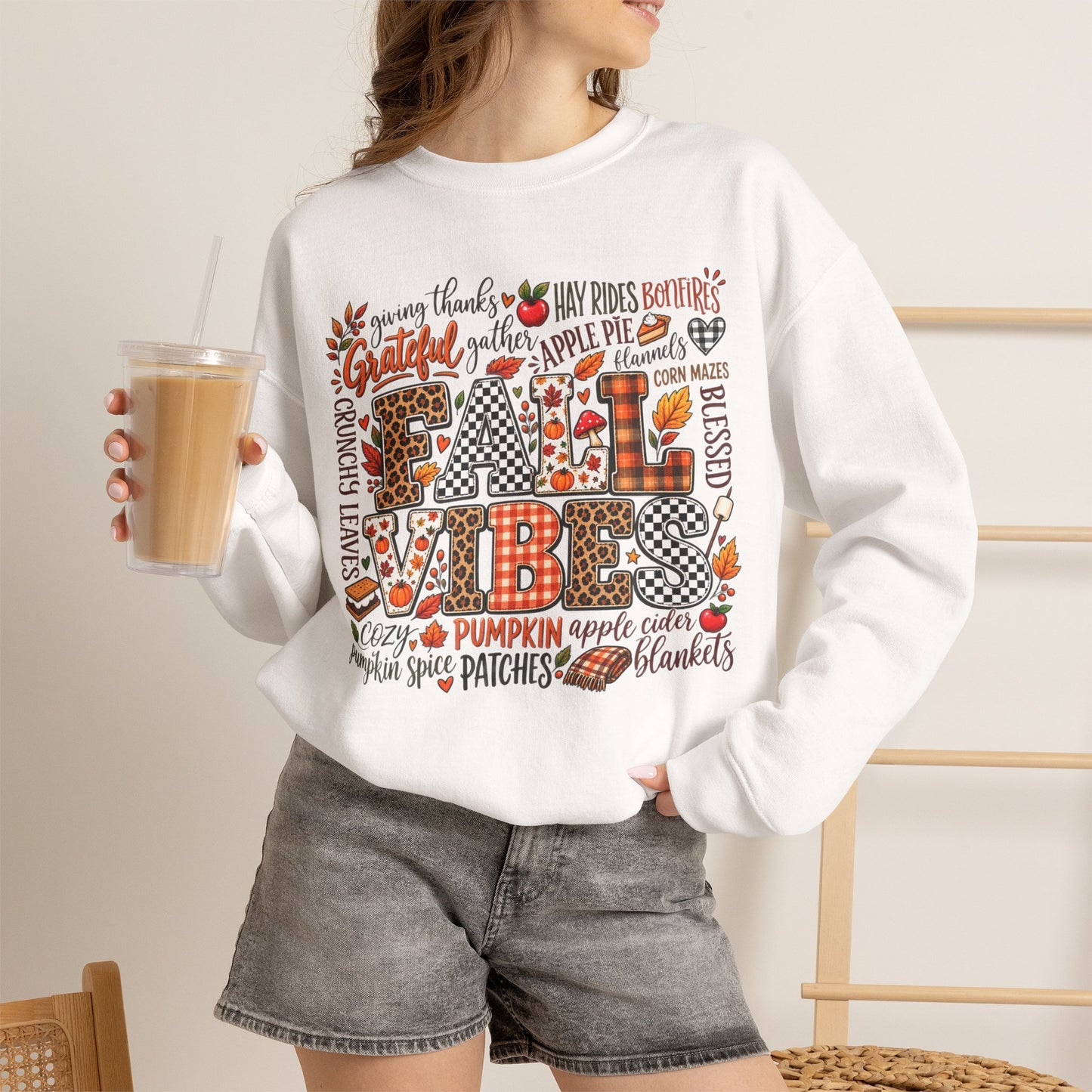 Fall Vibes Crewneck Sweatshirt — Autumn Leaves, Pumpkins & Cozy Plaid Design