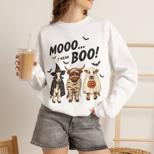 Halloween Cow Crewneck Sweatshirt — "Mooo... I Mean Boo!" Cute Farm Animals Costume Pullover