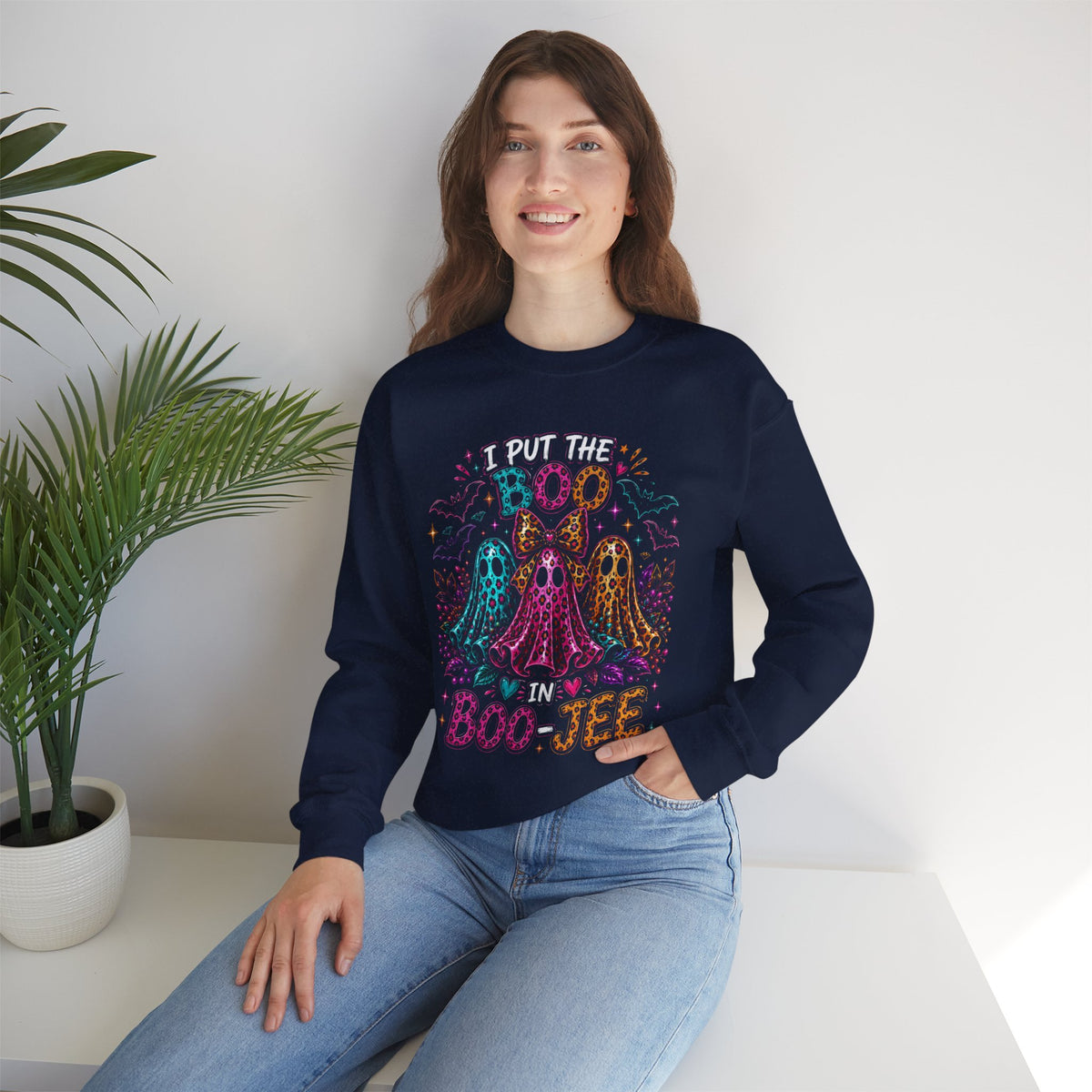 Halloween Crewneck Sweatshirt - "I Put the Boo in Boo-tee" Colorful Ghosts