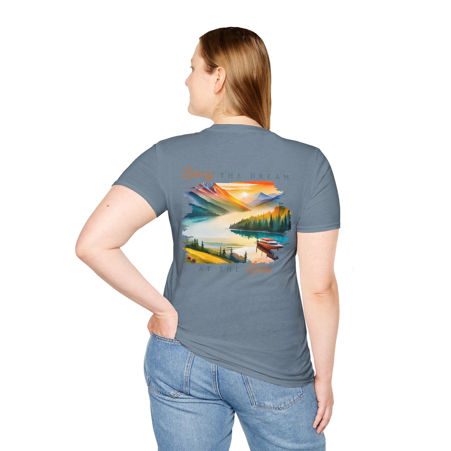 Lake Life T-Shirt — "Living the Dream at the Lake" Boat & Mountain Scene