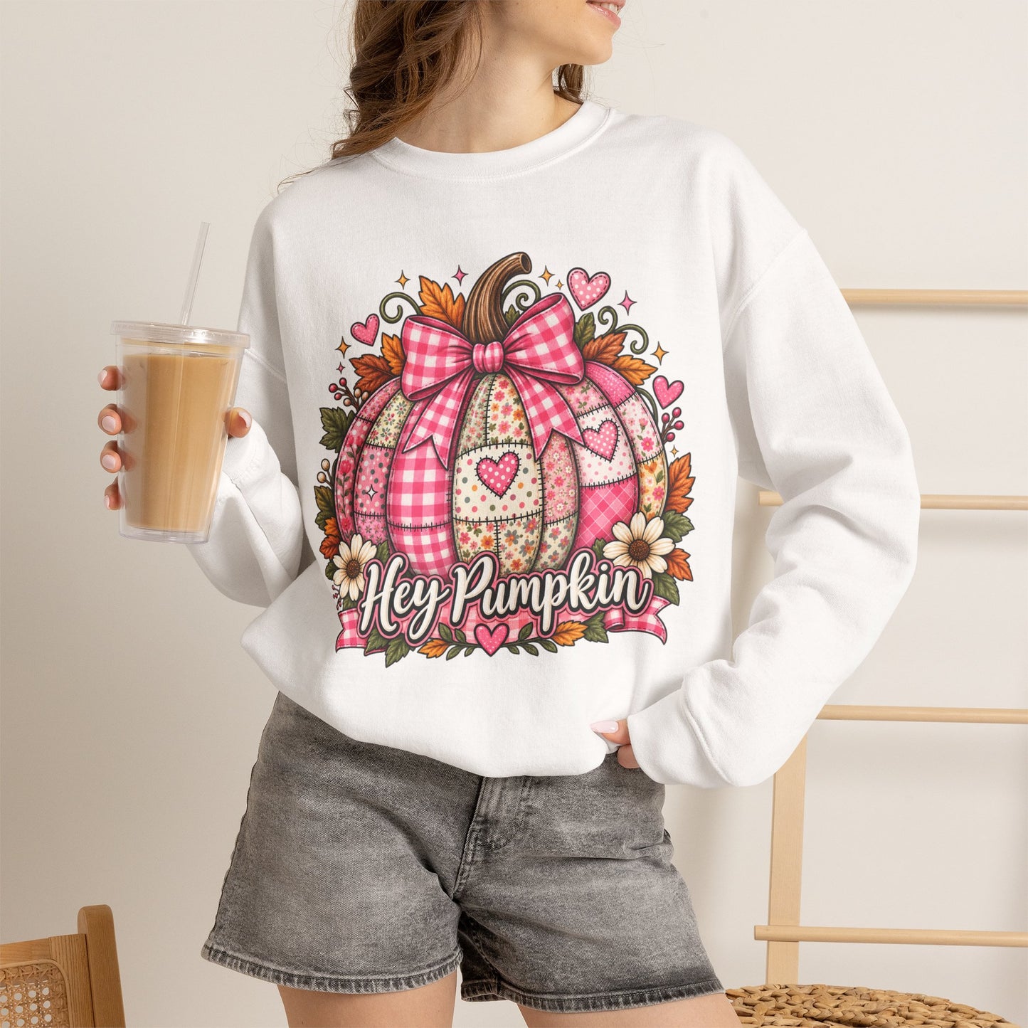 Hey Pumpkin Sweatshirt — Pink Plaid Pumpkin Crewneck for Fall & Valentine’s