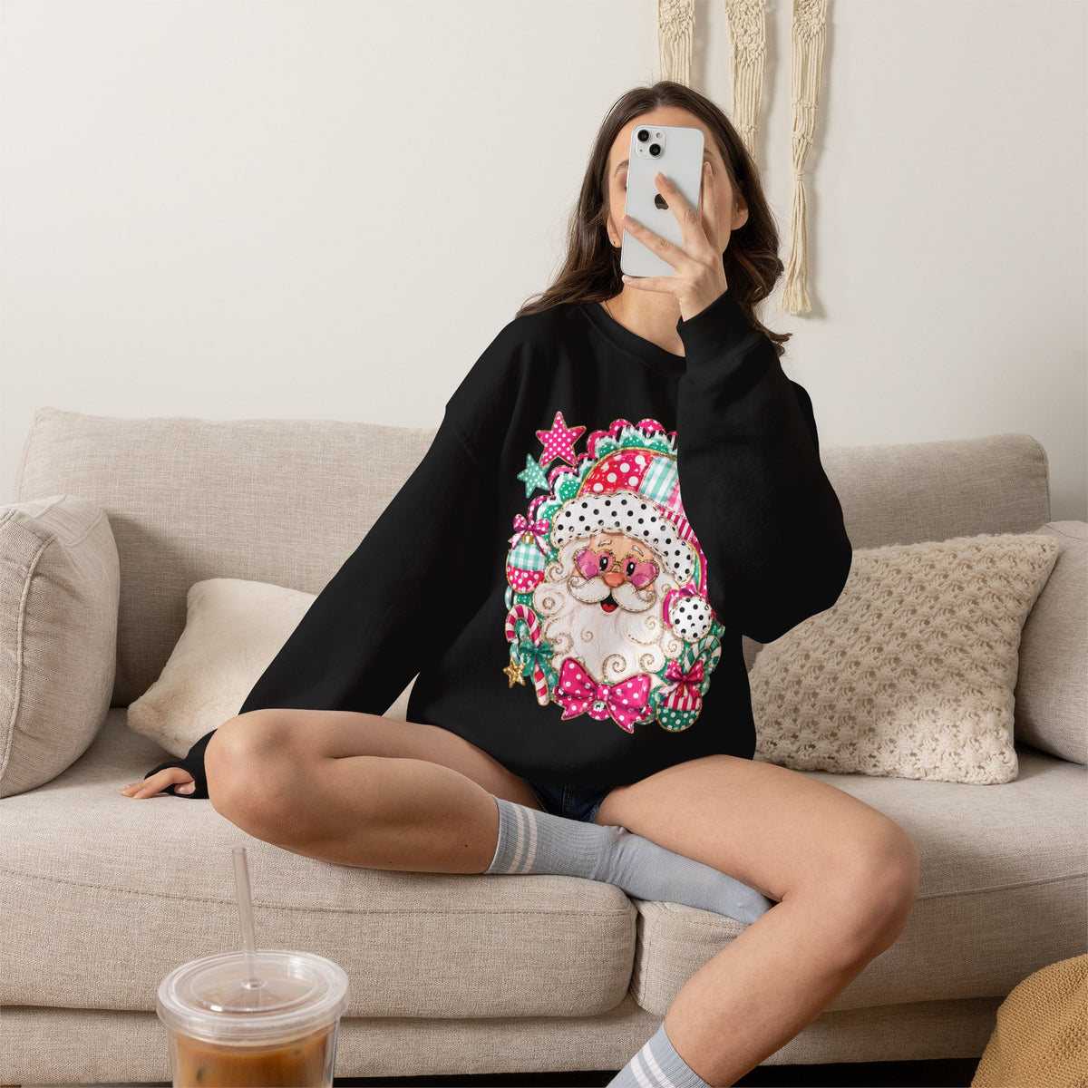 Pink Patchwork Santa Sweatshirt — Cute Christmas Crewneck for Women & Kids