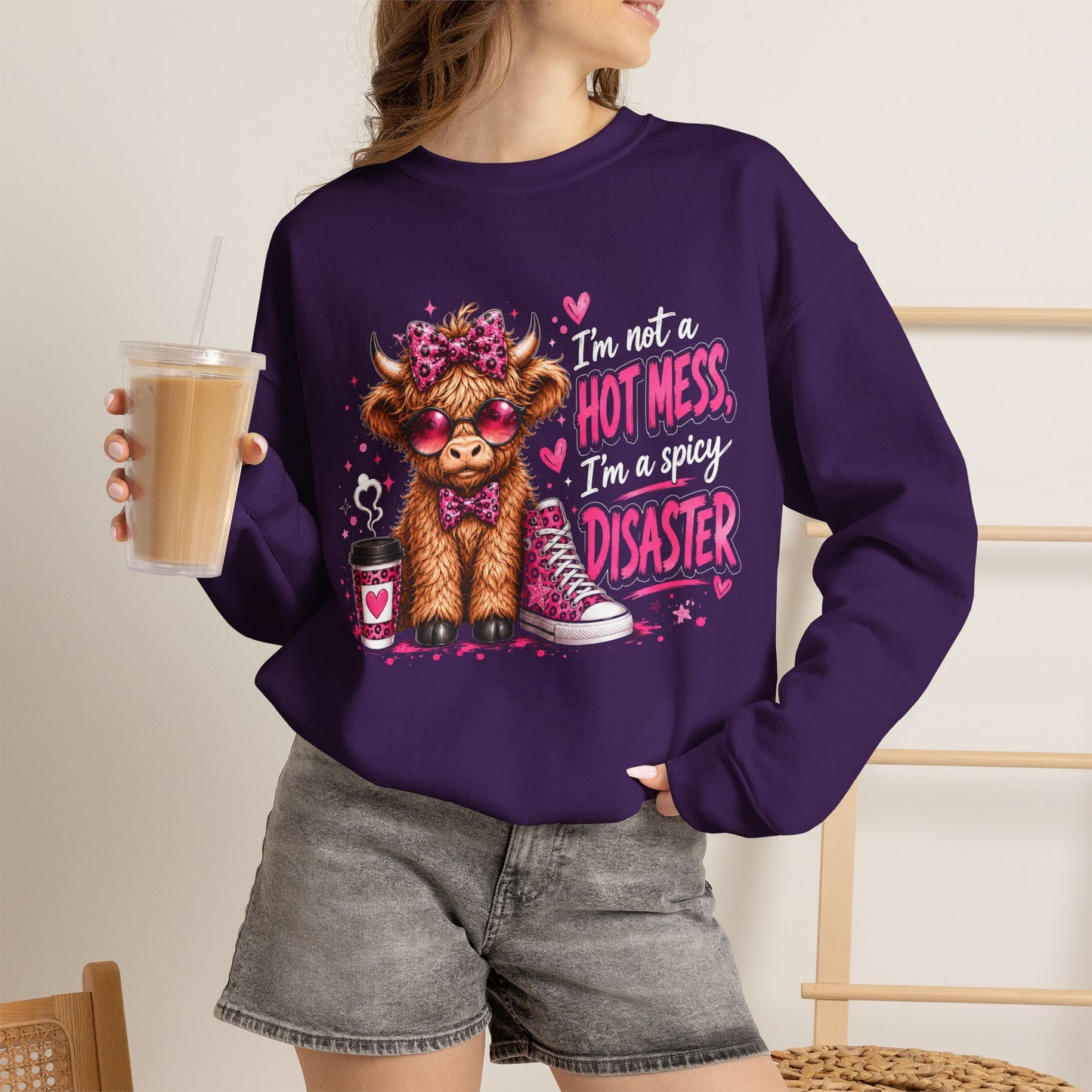 Spicy Disaster Dog Crewneck Sweatshirt — “I’m not a hot mess, I’m a spicy disaster” Graphic Sweatshirt