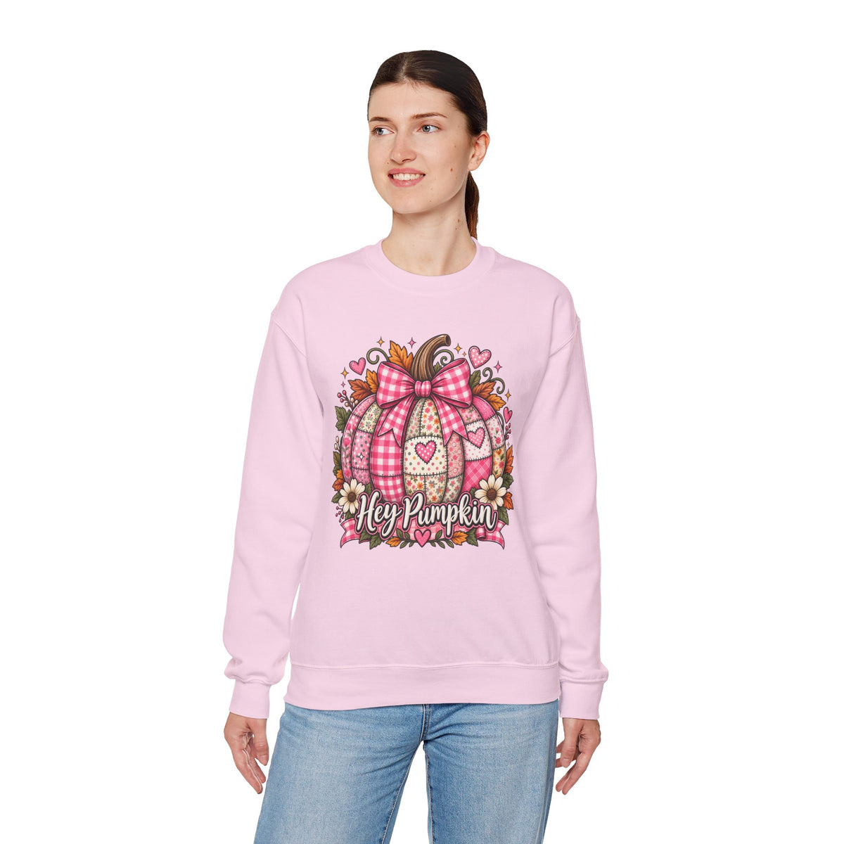 Hey Pumpkin Sweatshirt — Pink Plaid Pumpkin Crewneck for Fall & Valentine’s