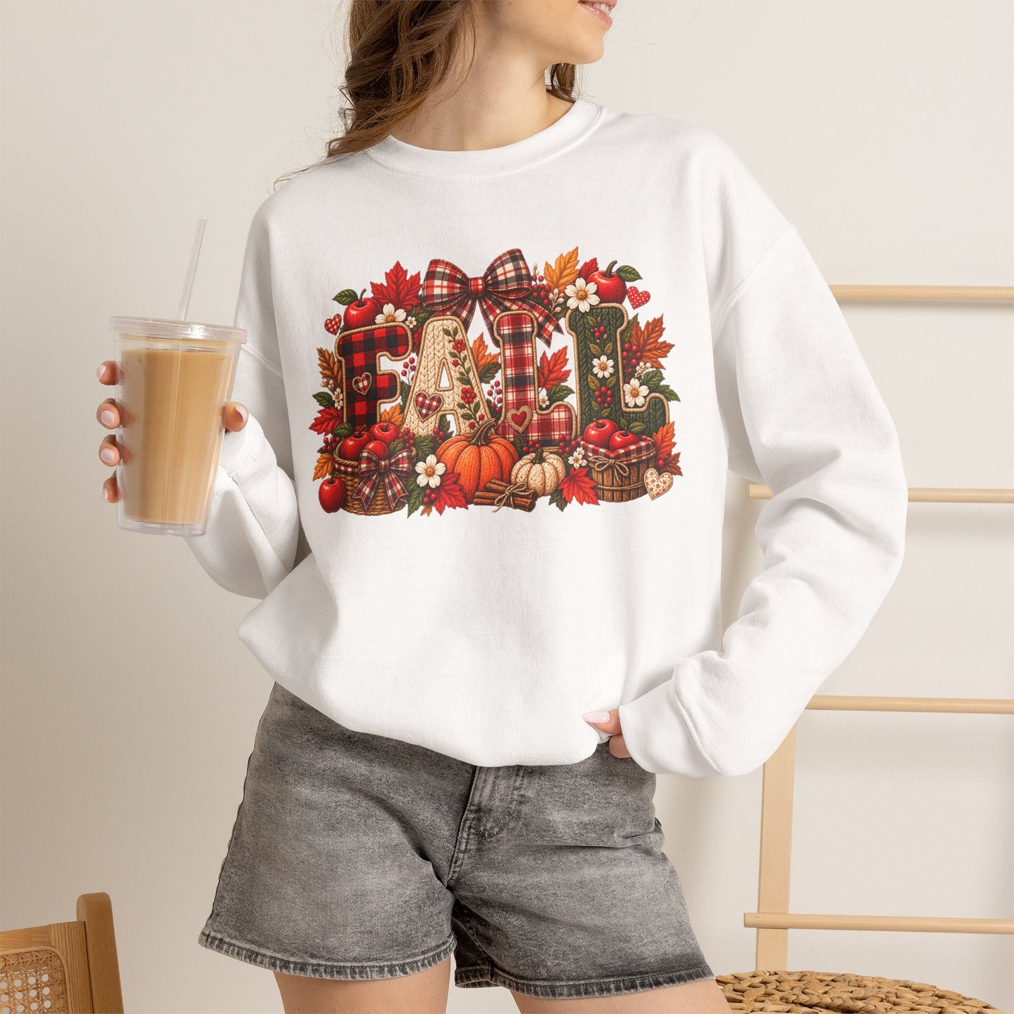 Fall Farmhouse Crewneck Sweatshirt — Pumpkin, Plaid & Autumn Decor Graphic