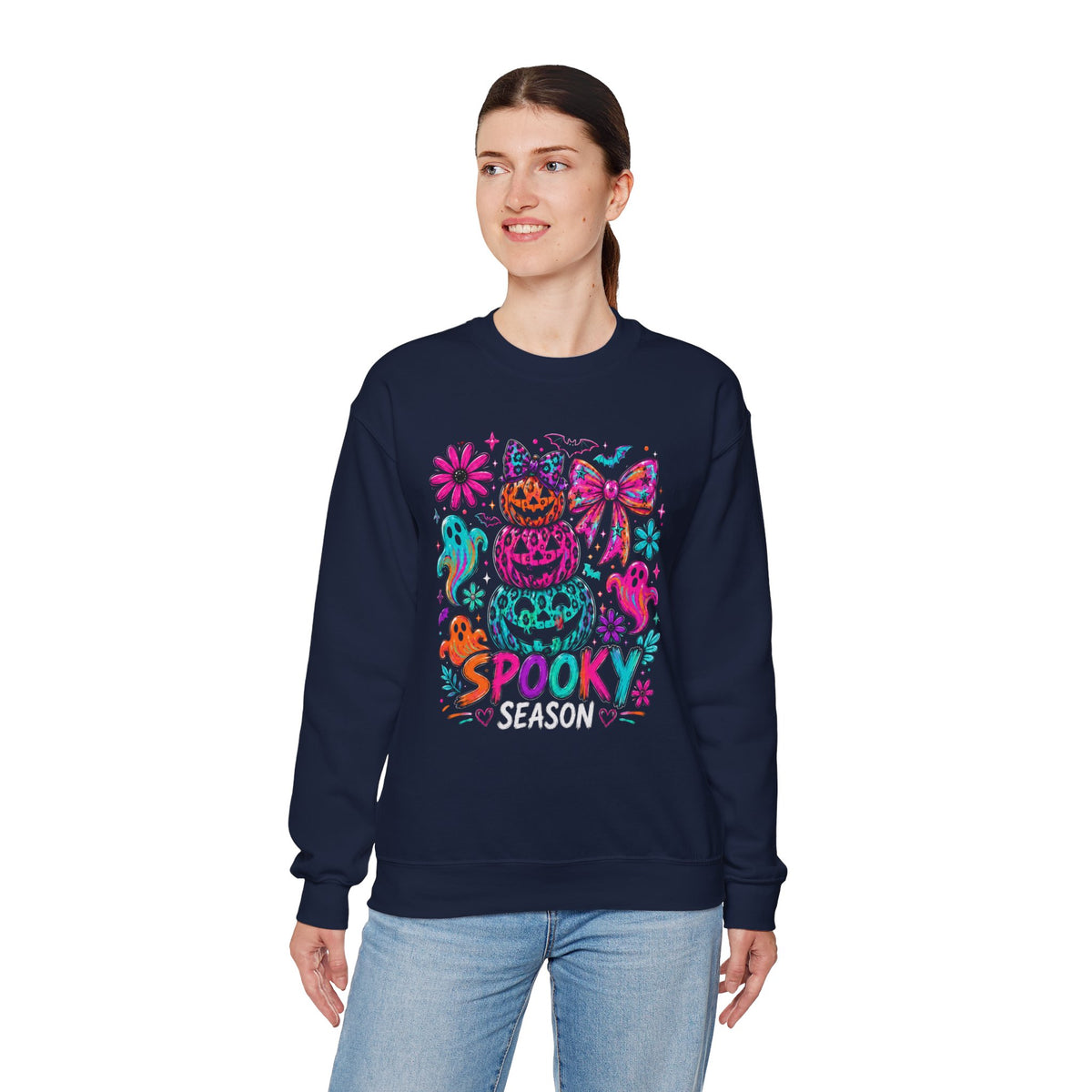 Spooky Season Sweatshirt — Colorful Neon Halloween Pumpkin & Ghost Crewneck