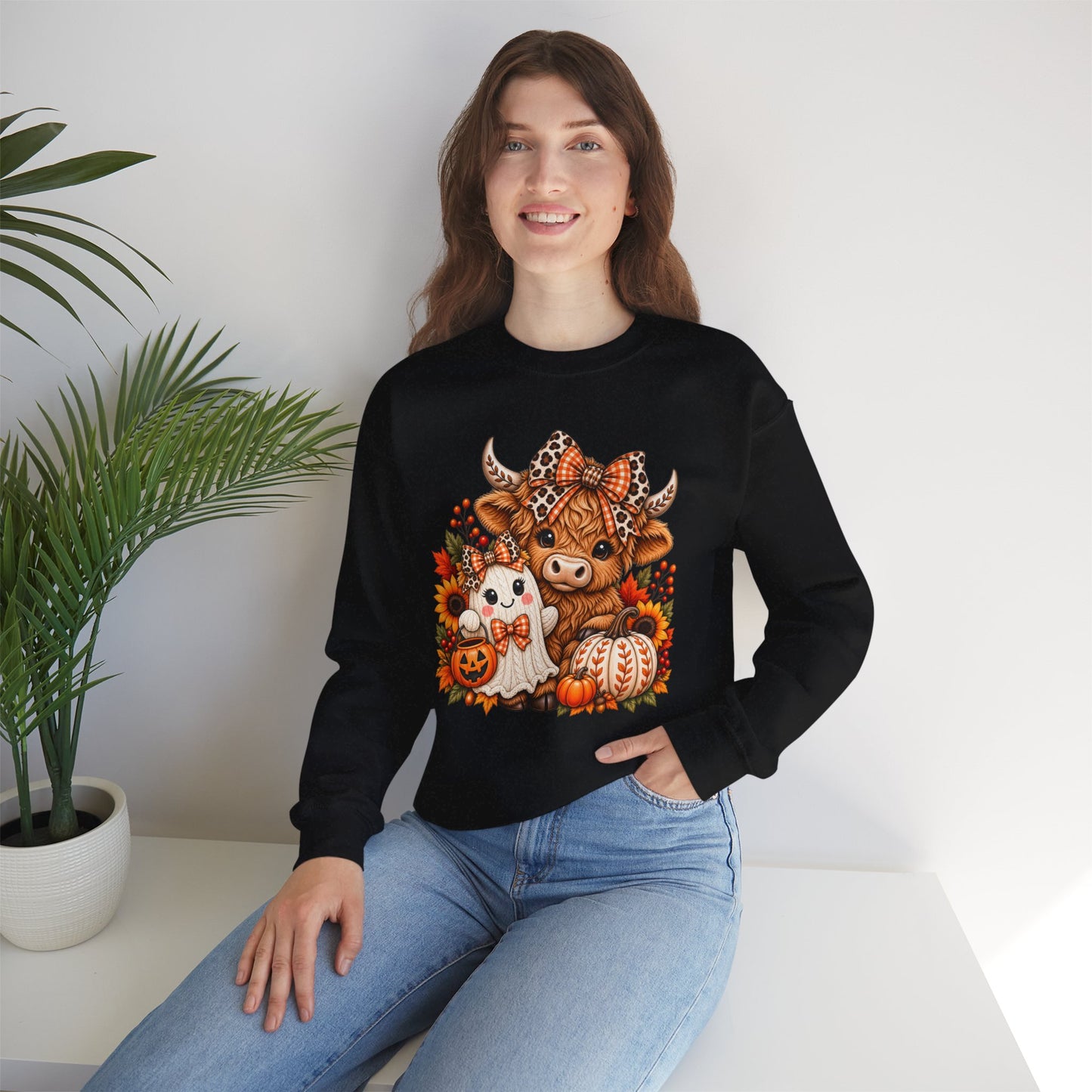 Autumn Highland Cow & Ghost Crewneck Sweatshirt — Cute Halloween Fall Graphic