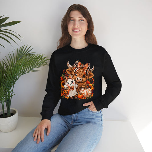 Autumn Highland Cow & Ghost Crewneck Sweatshirt — Cute Halloween Fall Graphic