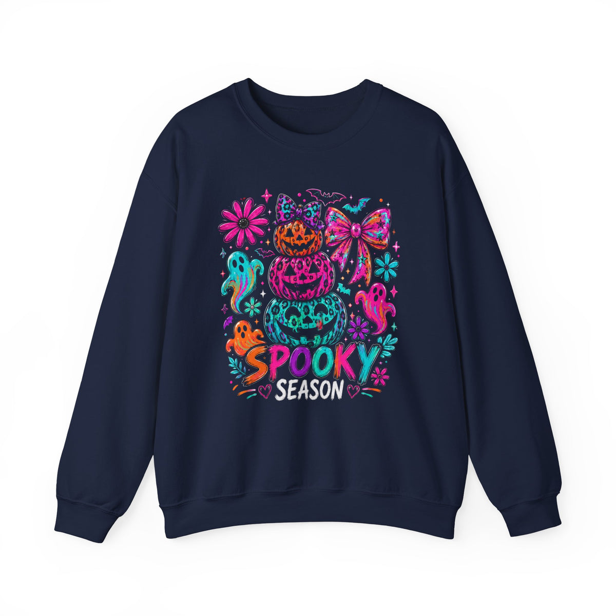 Spooky Season Sweatshirt — Colorful Neon Halloween Pumpkin & Ghost Crewneck