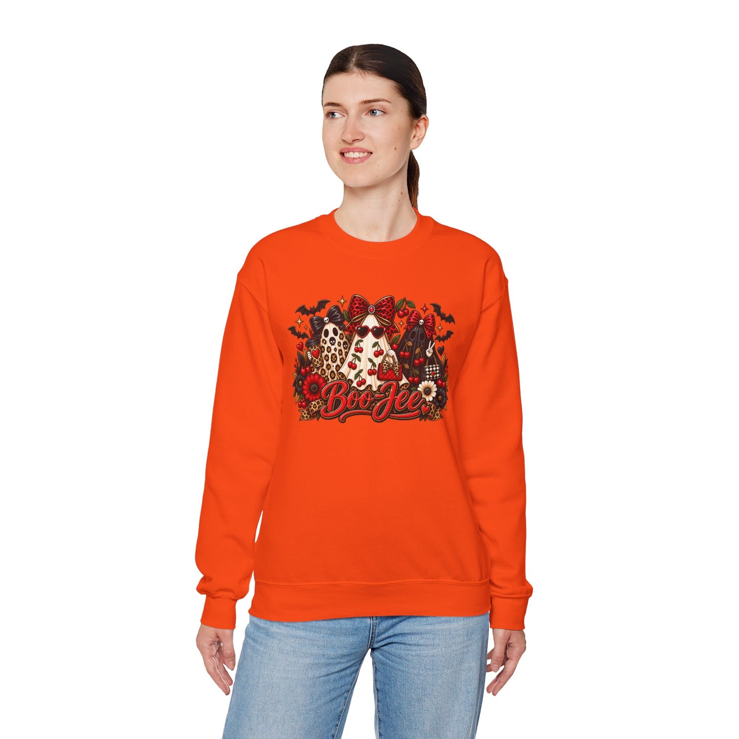 Halloween Boo Crewneck Sweatshirt — Cute Ghosts, Bats & Plaid Pumpkin Design