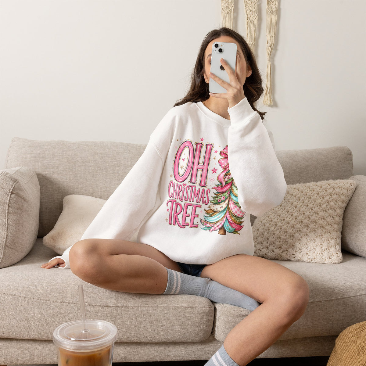 Oh Christmas Tree Sweatshirt | Pink Bow Christmas Crewneck for Women | Girly Holiday Graphic Sweatshirt
