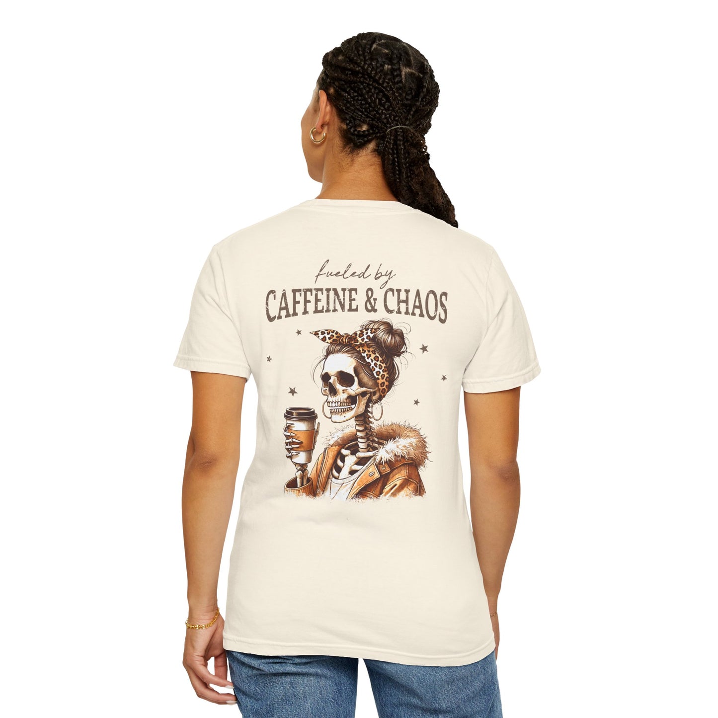 Caffeine & Chaos Skull Tee — Coffee Lover Skeleton Graphic T-Shirt