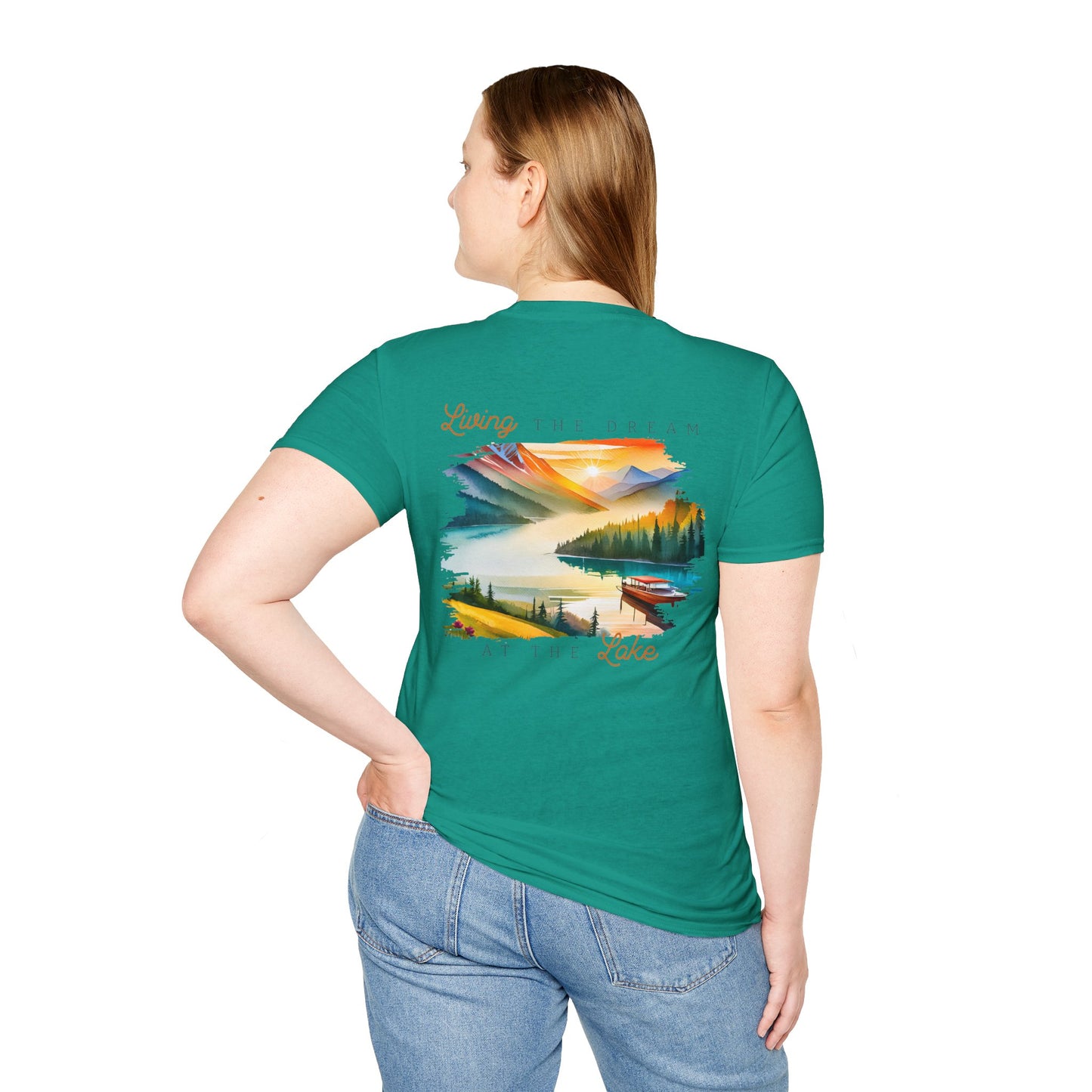 Lake Life T-Shirt — "Living the Dream at the Lake" Boat & Mountain Scene