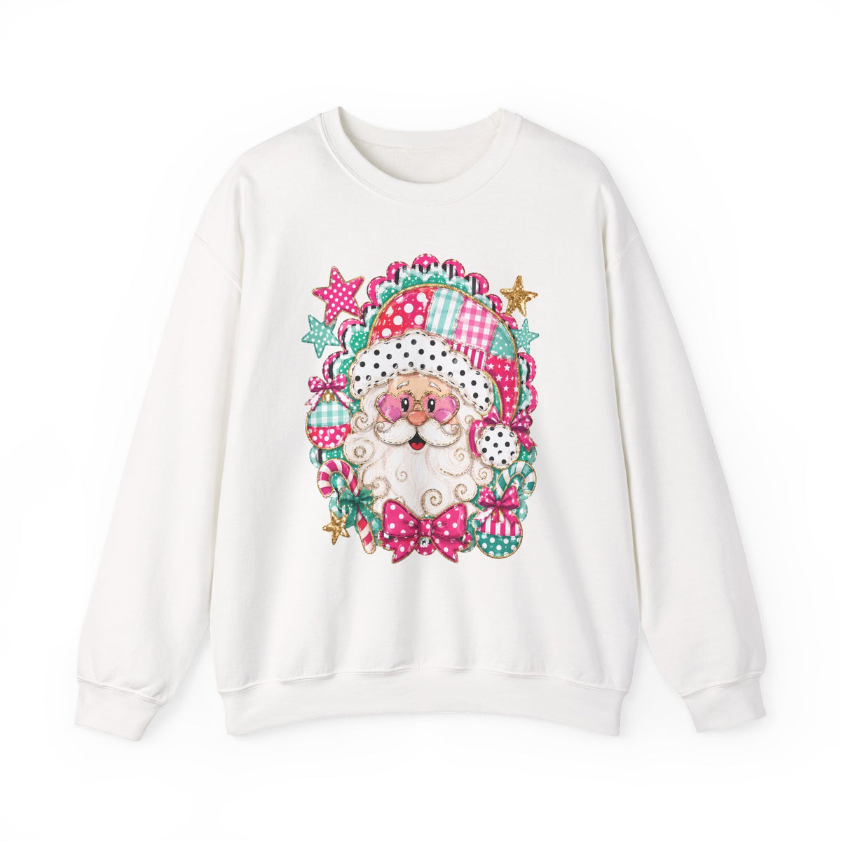 Pink Patchwork Santa Sweatshirt — Cute Christmas Crewneck for Women & Kids