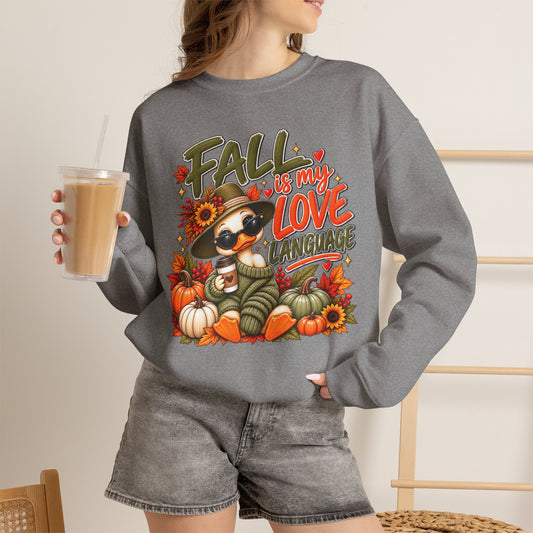 Fall Is My Love Language Sweatshirt — Cute Duck & Pumpkin Autumn Crewneck