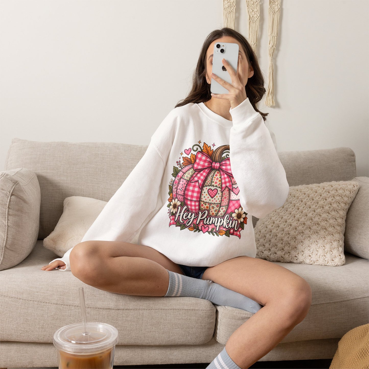 Hey Pumpkin Sweatshirt — Pink Plaid Pumpkin Crewneck for Fall & Valentine’s