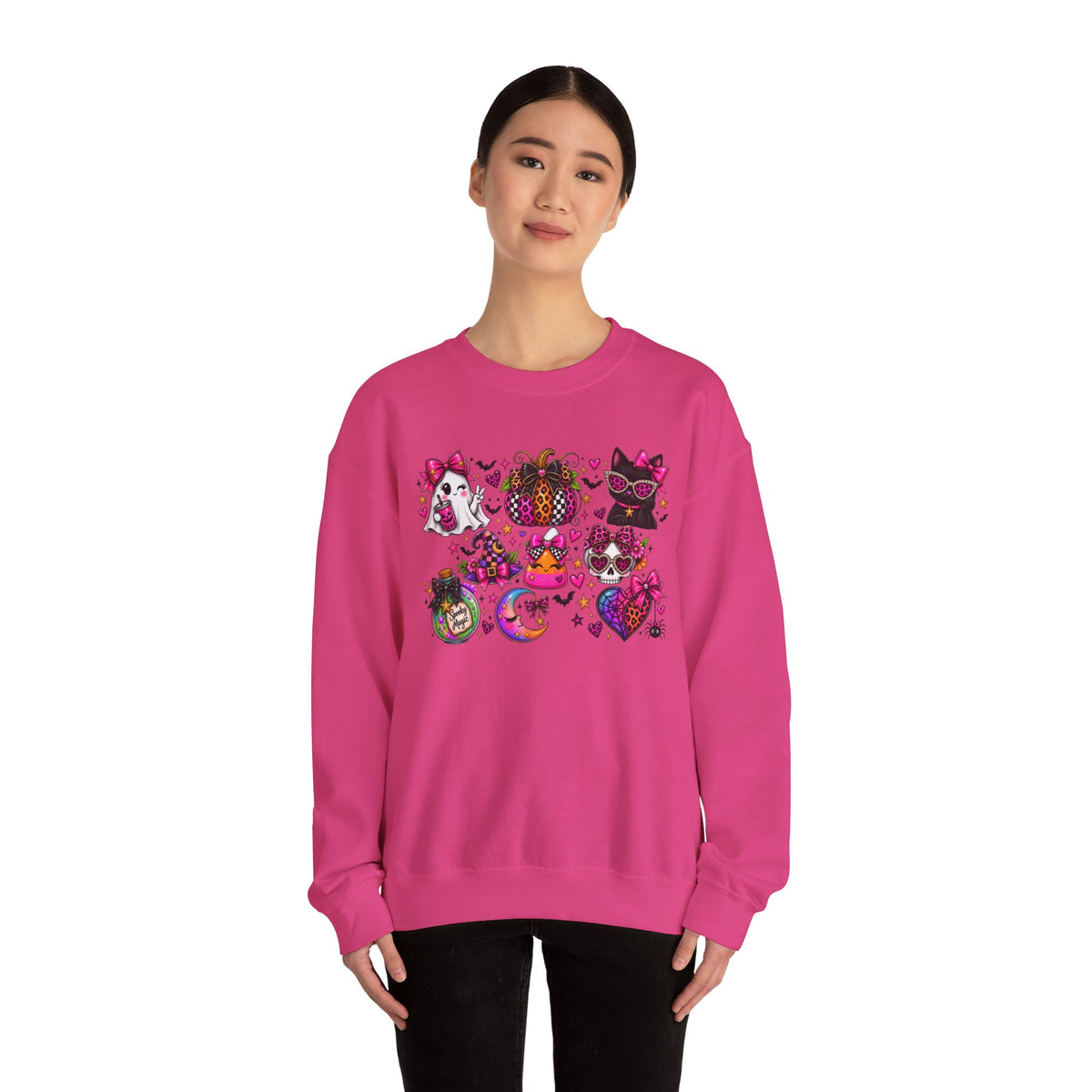 Halloween Cat & Pumpkin Crewneck Sweatshirt — Colorful Spooky Cute Design