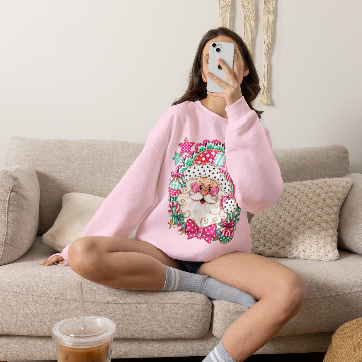 Pink Patchwork Santa Sweatshirt — Cute Christmas Crewneck for Women & Kids