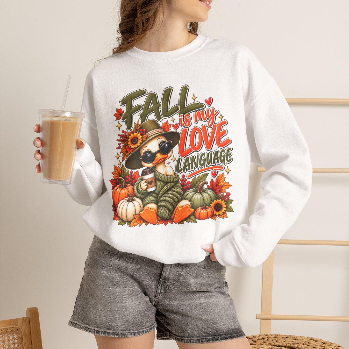 Fall Is My Love Language Sweatshirt — Cute Duck & Pumpkin Autumn Crewneck