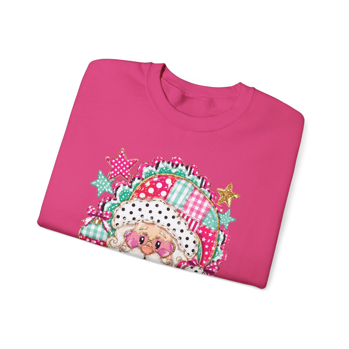 Pink Patchwork Santa Sweatshirt — Cute Christmas Crewneck for Women & Kids