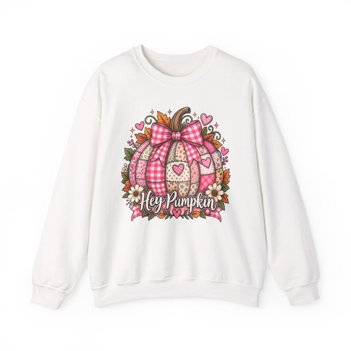 Hey Pumpkin Sweatshirt — Pink Plaid Pumpkin Crewneck for Fall & Valentine’s