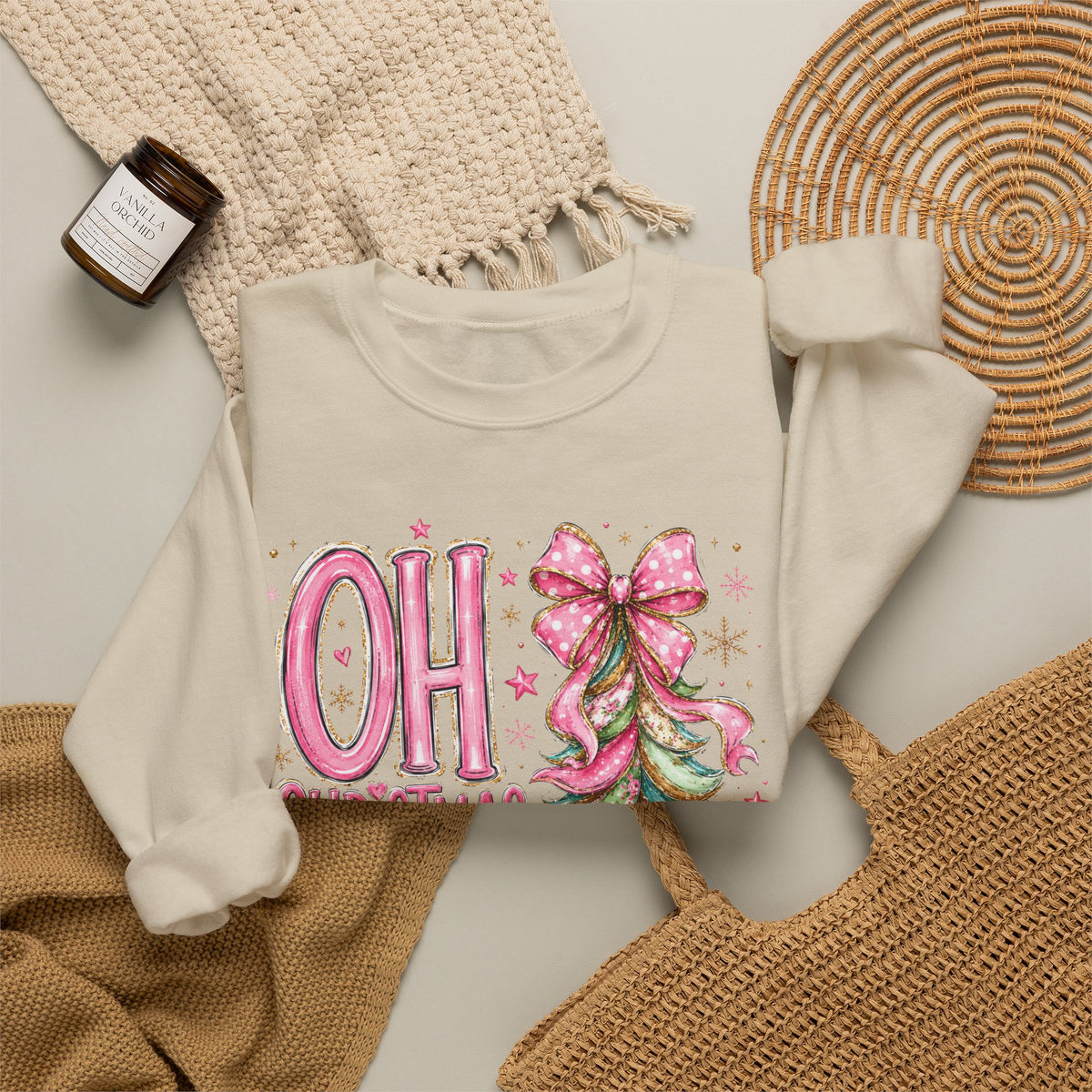 Oh Christmas Tree Sweatshirt | Pink Bow Christmas Crewneck for Women | Girly Holiday Graphic Sweatshirt