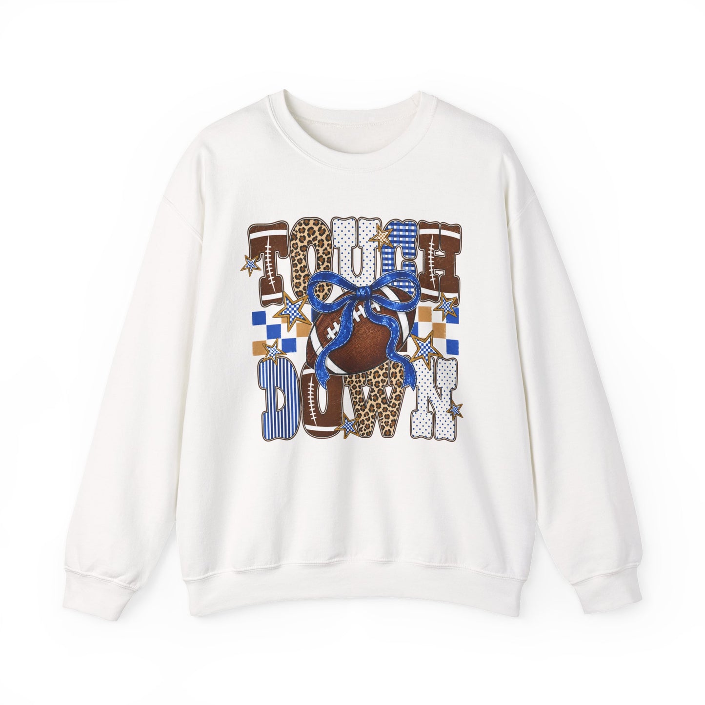 Touchdown Football Crewneck Sweatshirt — Blue & Leopard Print Game Day Pullover
