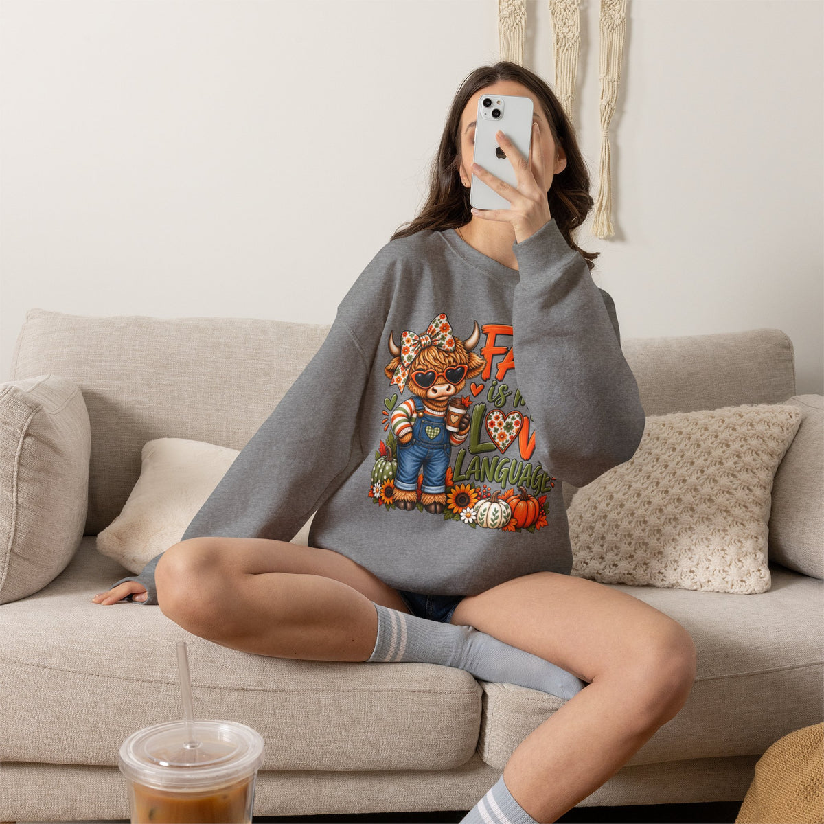 Fall Is My Love Language Sweatshirt — Cute Autumn Cow Graphic Crewneck