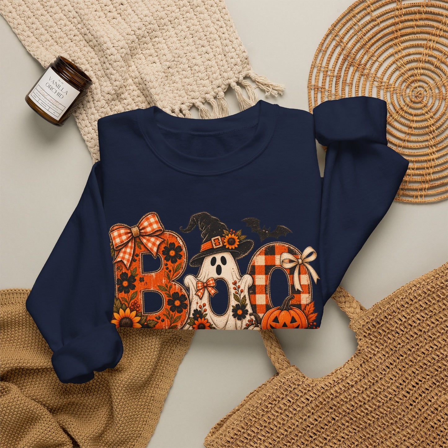 Halloween "Boo" Crewneck Sweatshirt — Cute Pumpkin & Ghost Fall Pullover